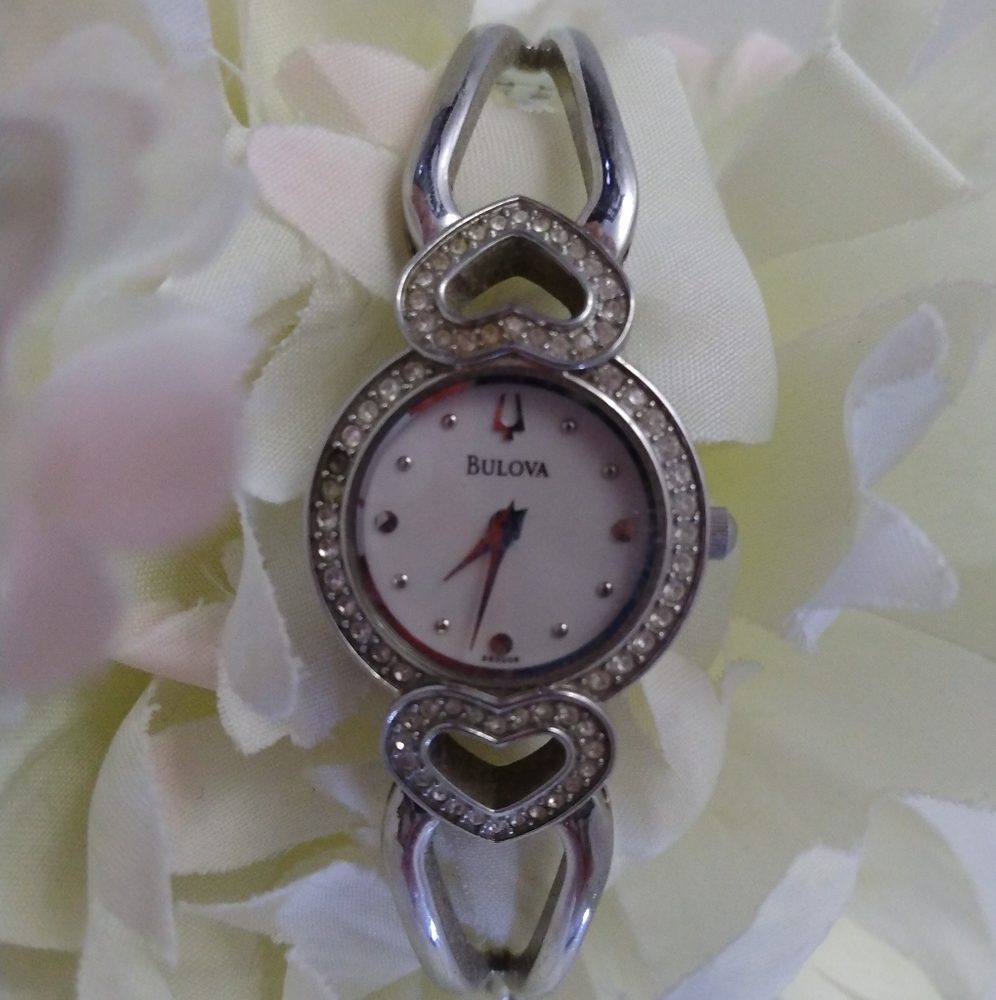 EUC Women's Stainless Steel Rhinestone Heart Designed Bulova Watch